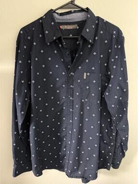 Ben Sherman Men’s Button Front Shirt Navy Geometric Print Long Sleeve. XL